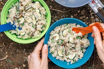 Dehydrated risotto in two backpacking bowls on a natural surface.